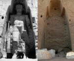 Before and After photos of the largest of the Buddhas of Bamiyan, destroyed by the Taliban in 2001. Two adults standing and one mounted on a pack animal in the older photo show adult humans standing about the same height as the ankles of the statue.