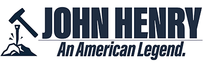 Hammer-and-drill icon to left of two lines of text "John Henry" a horizontal line and then "An American Legend"