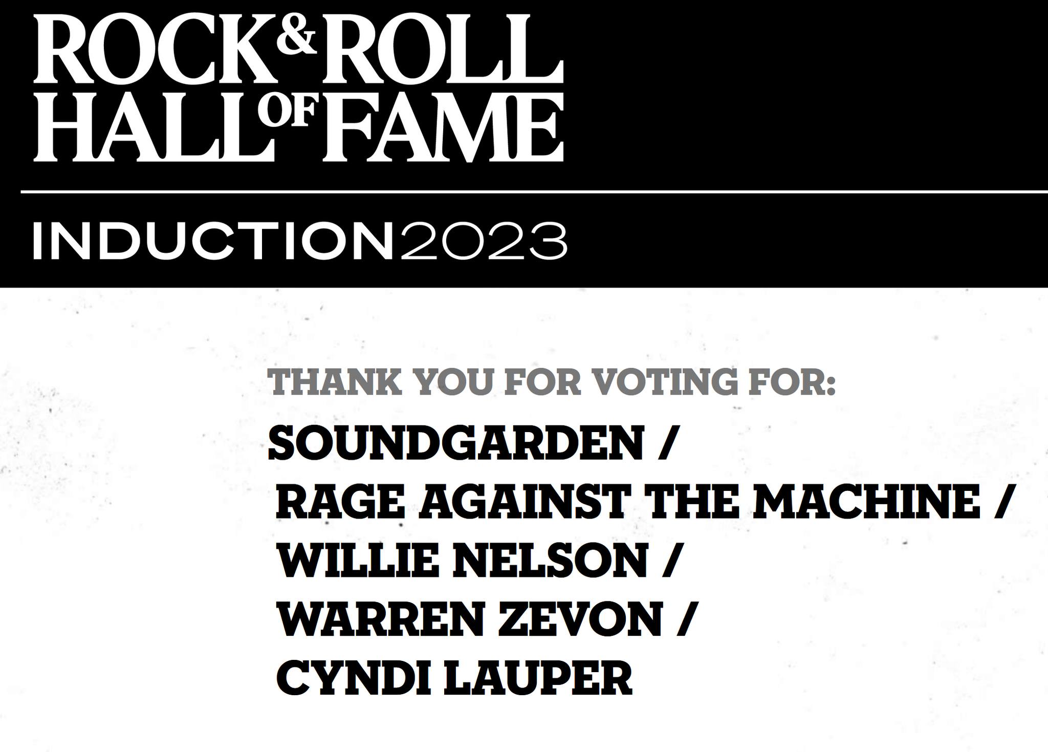 Screenshot of Rock & Roll Hall of Fame Fan Vote 2023 Ballot showing votes for Soundgarden, Rage Against The Machine, Willie Nelson, Warren Zevon, and Cyndi Lauper