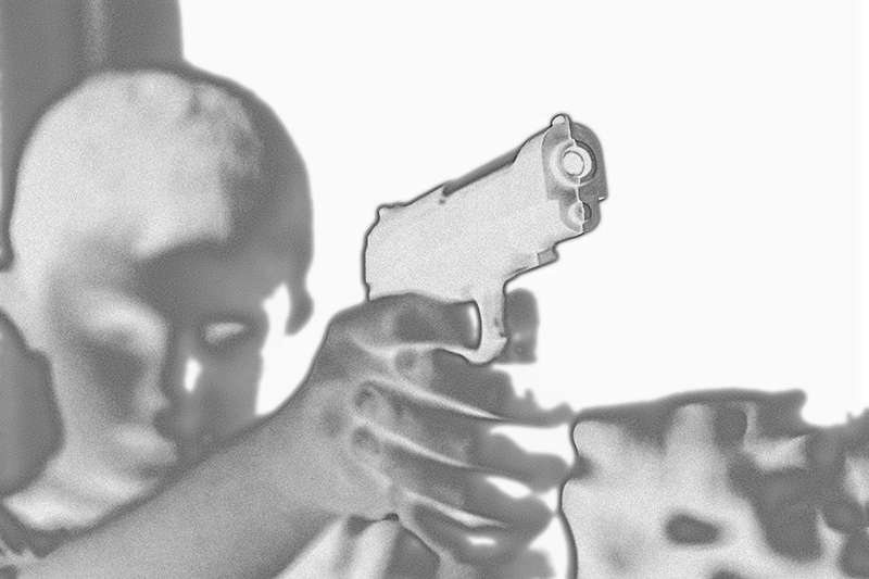 grayscale photo of a boy aiming toy gun selective focus photography, with additional film grain and cutout effects added.